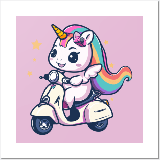 unicorn riding scooter Posters and Art